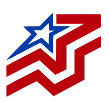 A graphic of a red and blue stylized star incorporated into a layered zigzag design.